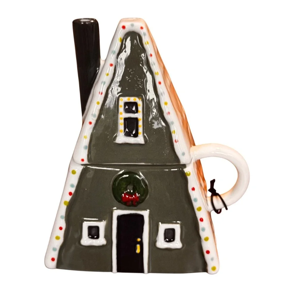 West Elm‎ A-Frame Cabin Mug with Lid Christmas Holiday Ceramic Cottage House New
